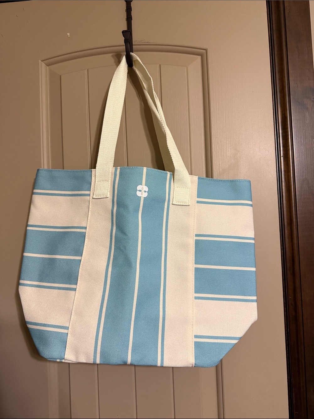 Pureology Canvas Stripe Tote Bag in Light Blue and Cream